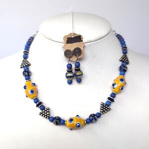 Beaded Necklace Dangle Earrings Set Blue Yellow Multicolor Beads NWOT